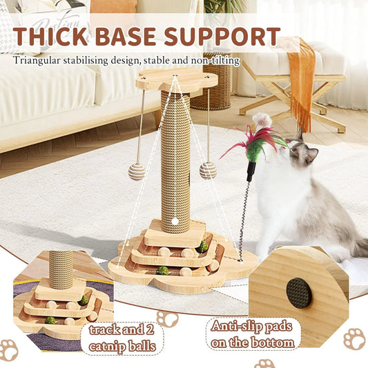 18.1" Scratching Posts for Indoor Cats, Cat Scratching Post Wth 3 Tier Base, Tall Cat Scratcher for Cats with Sisal Rope, Balls and Toy for Interactive Play